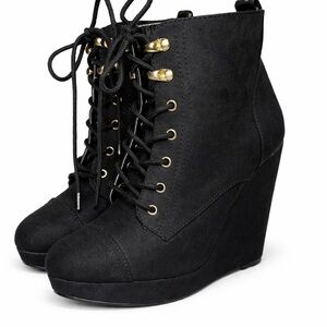 Forever 21 Black Lace-Up Wedge Heel Booties Platform Night Out Shoes